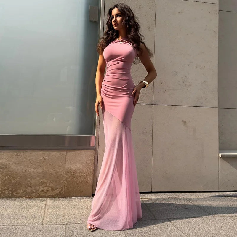 Off Shoulder See Through Dress Solid High Waist Patchwork Backless Slim Long Dress
