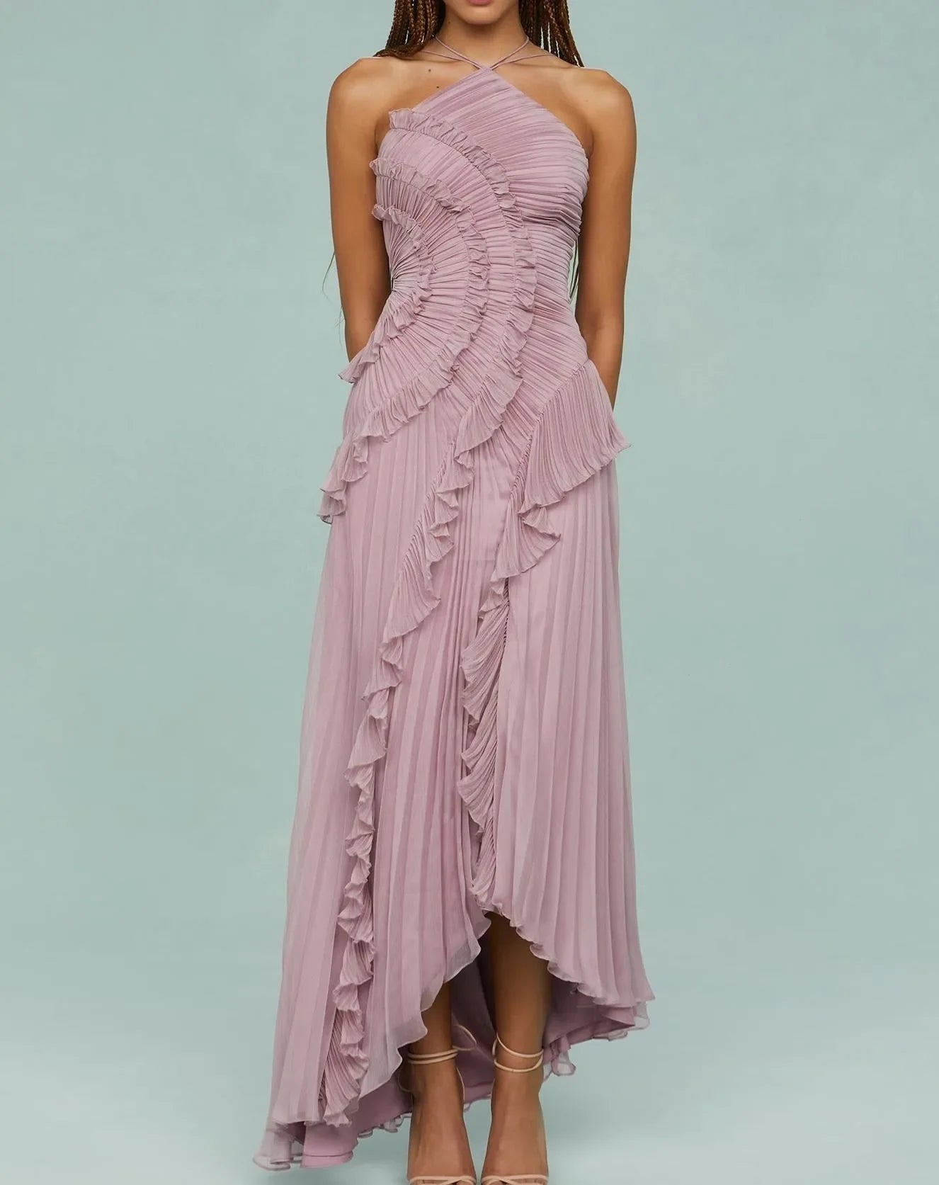 Indiana Ruffle Pleated Fashion Sleeveless Halter Irregular Tiered Pleated Maxi Dress