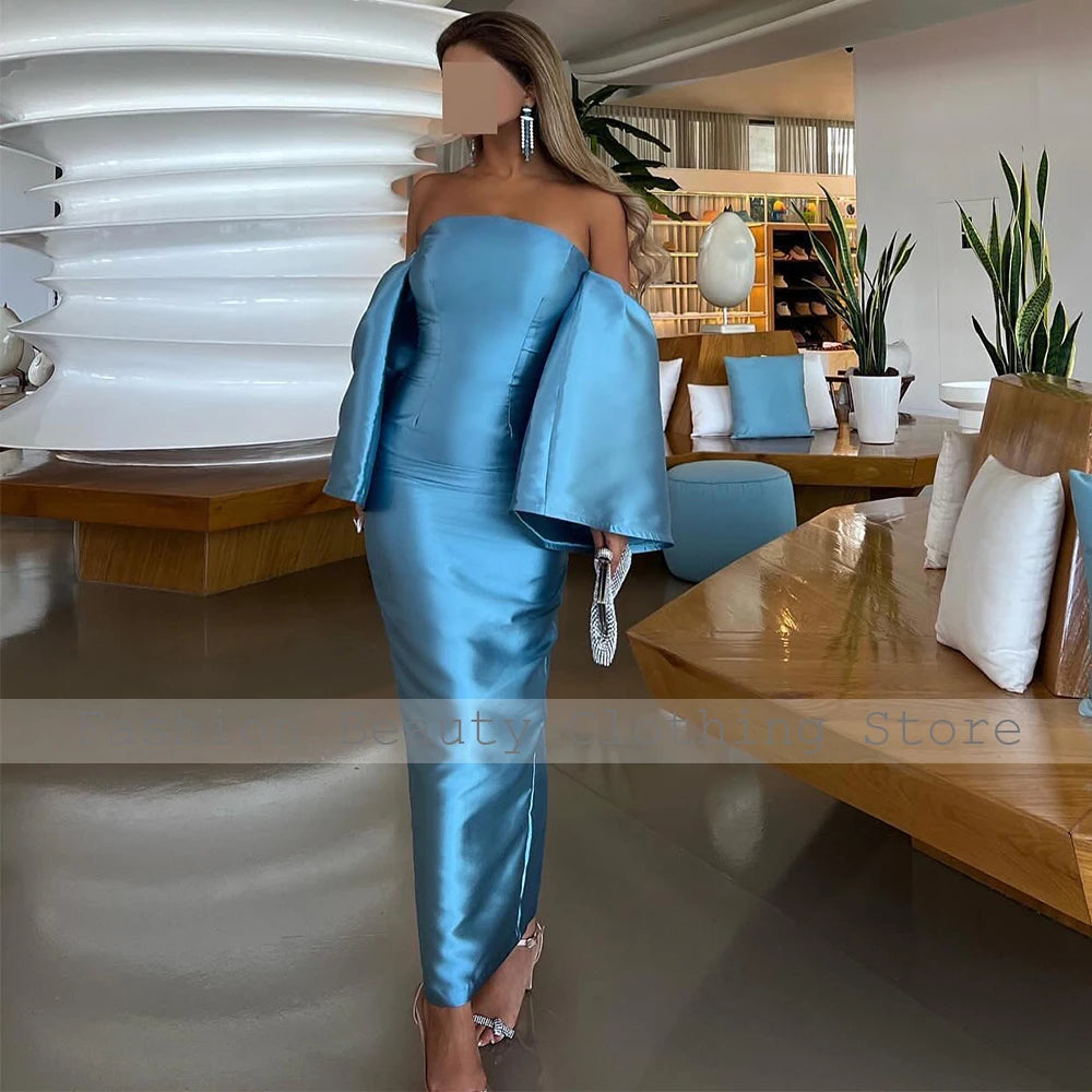 Elmwood Park Sky Blue Satin Evening Party Off the Shoulder Column Cocktail Gowns Dresses Maxi