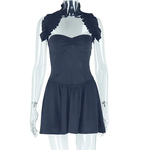 Port Morris Halter Backless Strapless Club Night Party High Waist Pleated Mini Dress