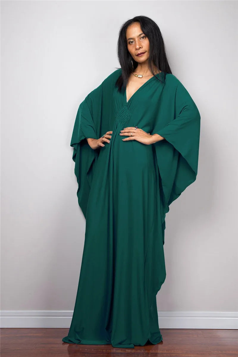 Plaza Plus Size Caftan Solid Color Plus Size Beach V Neck Cover Up Loose Soft Kaftan Dress
