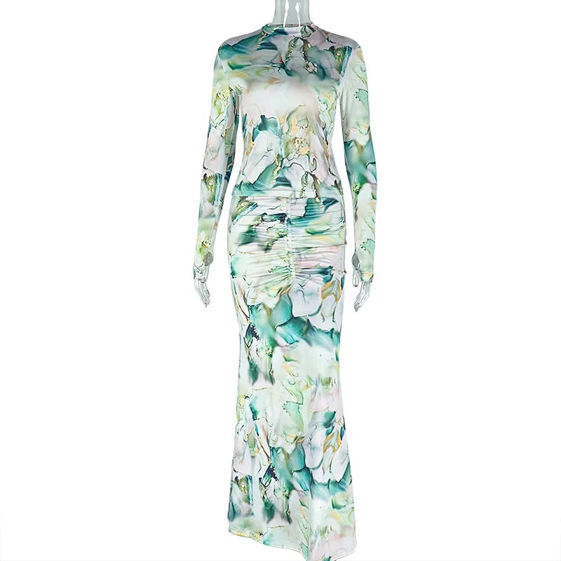 Long Sleeve Combo and Drawstring Ruched Maxi Long  Outfit Sets