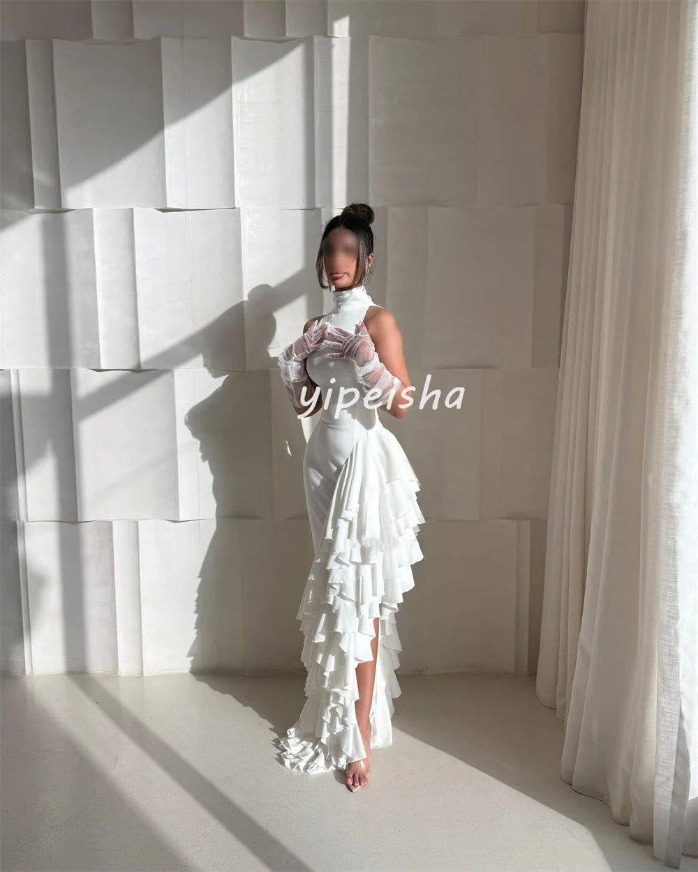 Wallington Modern Style Chiffon Ruched Ruffle Tiered Mermaid Scoop Neck Long Dresses