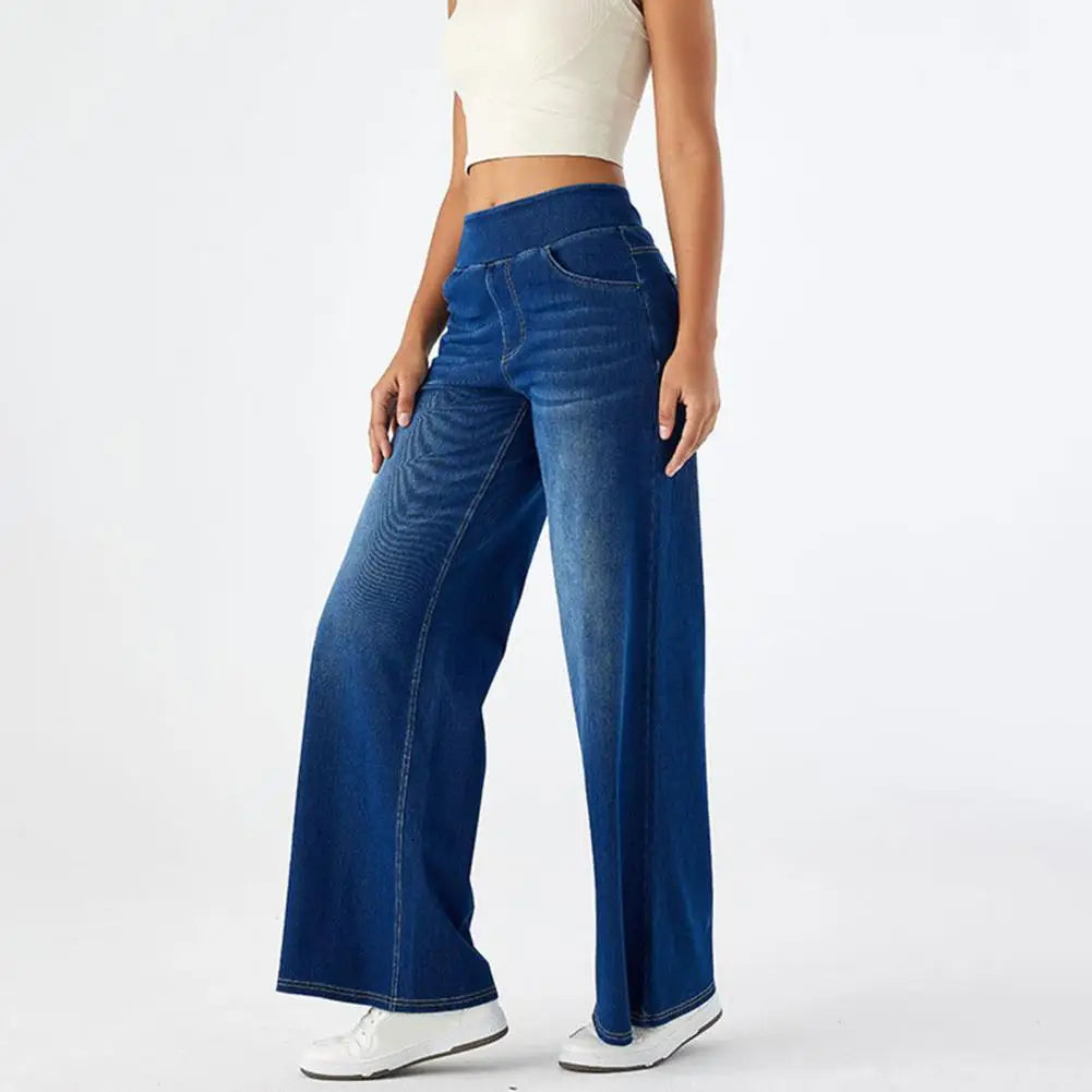 Women Jeans with Pockets Elastic Casual High Waist Wide-leg Jeans Solid Color Full