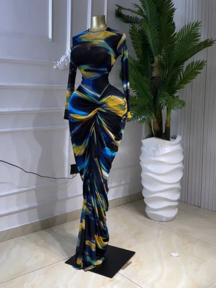 La Gloria Tie Dye Print Ruched Stacked Long Sleeve Bodycon Maxi Dress