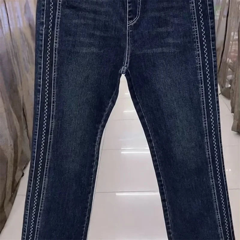 Fashion Women Jeans 2025 New Spring Autumn Korean Wild Elastic Waist Straight Denim