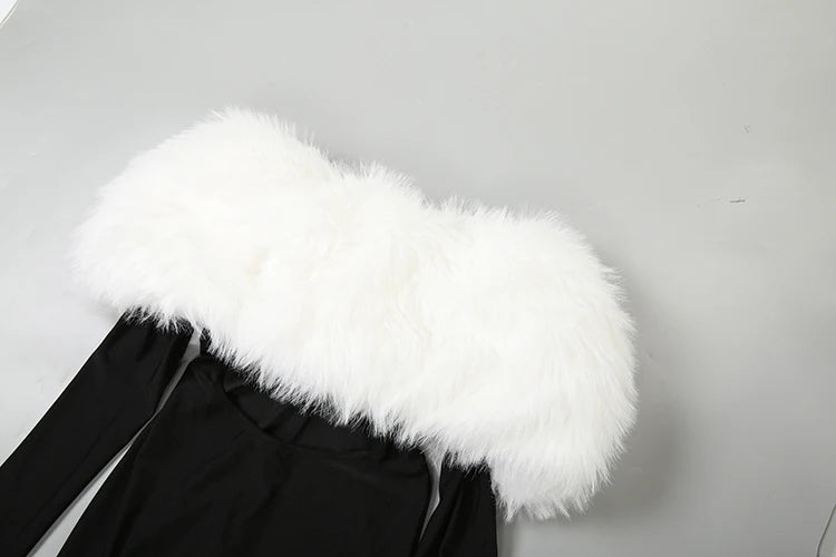 Branford Furry Slash Neck Hipster Patchwork Trend Sexy Hollow Stretch Jumpsuits