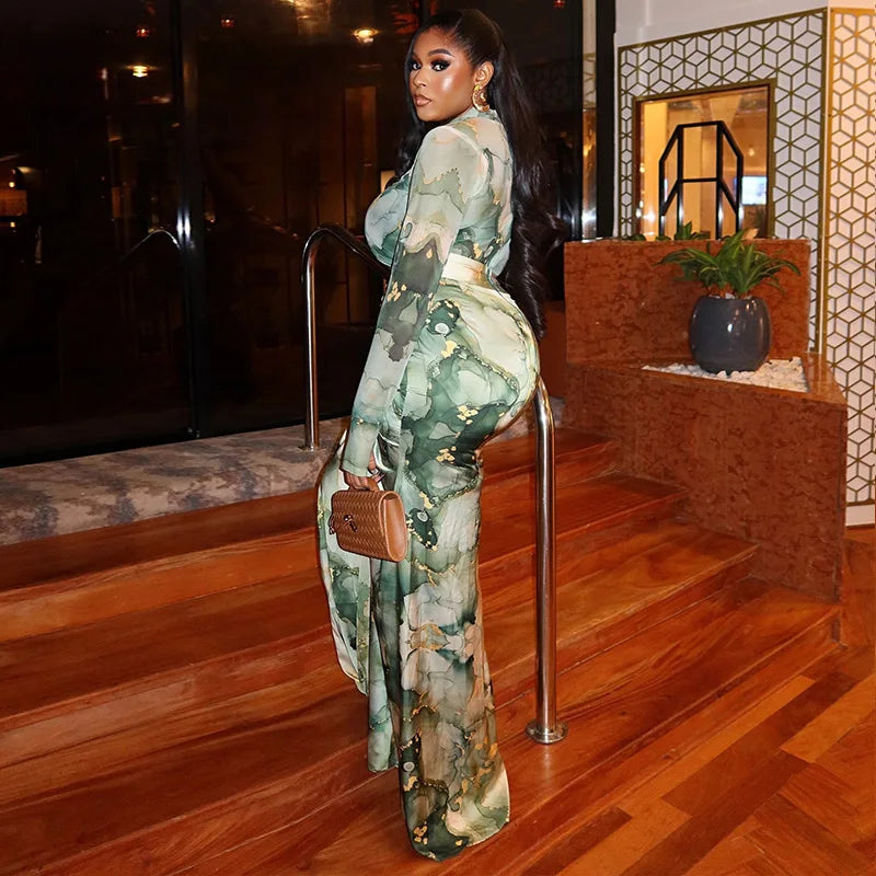 Long Sleeve Combo and Drawstring Ruched Maxi Long  Outfit Sets