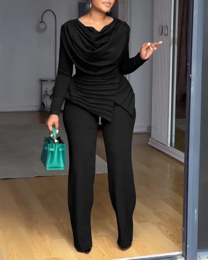 Birmingham Swing Collar Ruched Jumpsuit Long Sleeve Solid Elegant Color