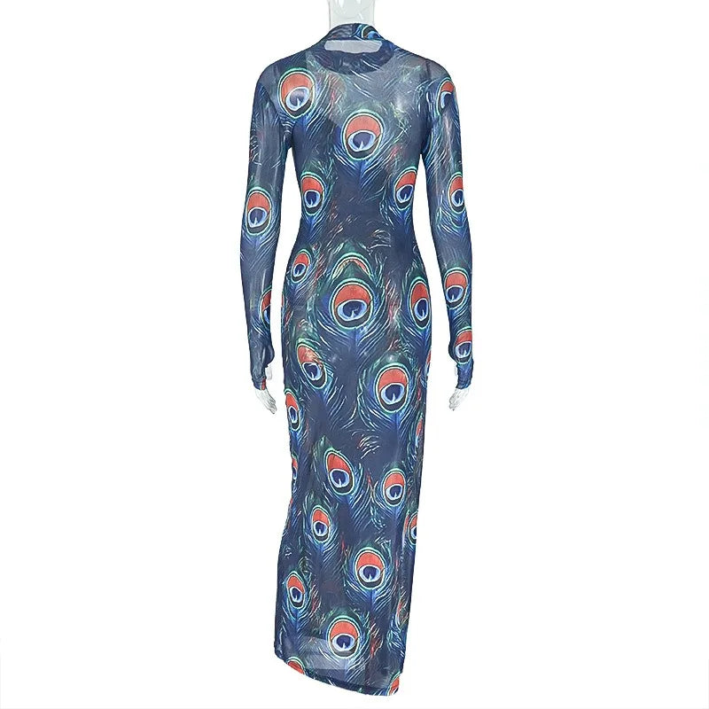 Canada Feathers Print Turtleneck Long Sleeve Hips Wrapped Long Dress