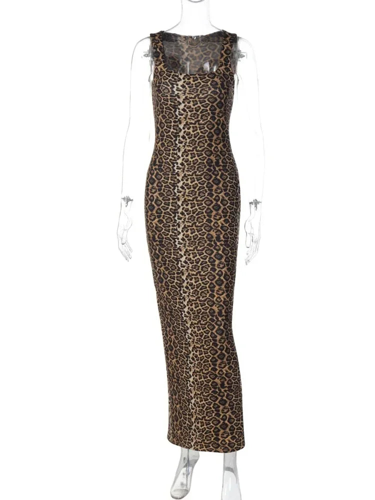 Bath Beach Elegant Square Collar Sleeveless Bodycon Split Leopard Print Long Party Dress