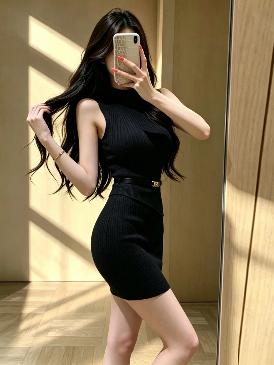Jade Sexy Pure Desire Sleeveless Knitted Vest Two Piece Sets