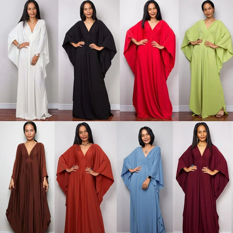 Plaza Plus Size Caftan Solid Color Plus Size Beach V Neck Cover Up Loose Soft Kaftan Dress