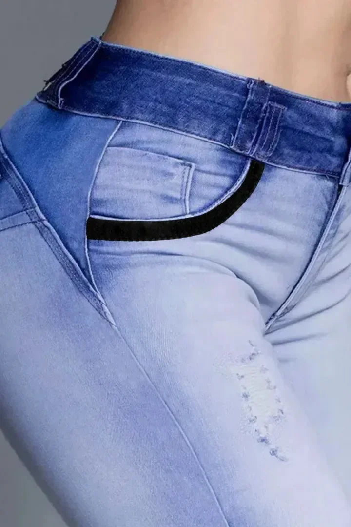 Albany Elastic Slimming, Hip-lifting High-waisted Gradient Casual Ripped Skinny Jeans