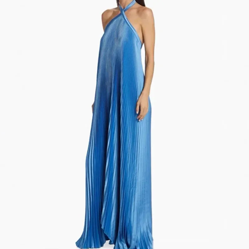 Abingdon Solid Color Sexy Halter Hollow Out Loose Evening Dress