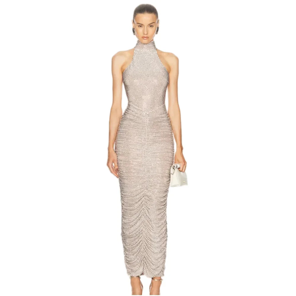 Yaphank Sleeveless Diamonds Backless Ruched Beige Maxi Long Dress