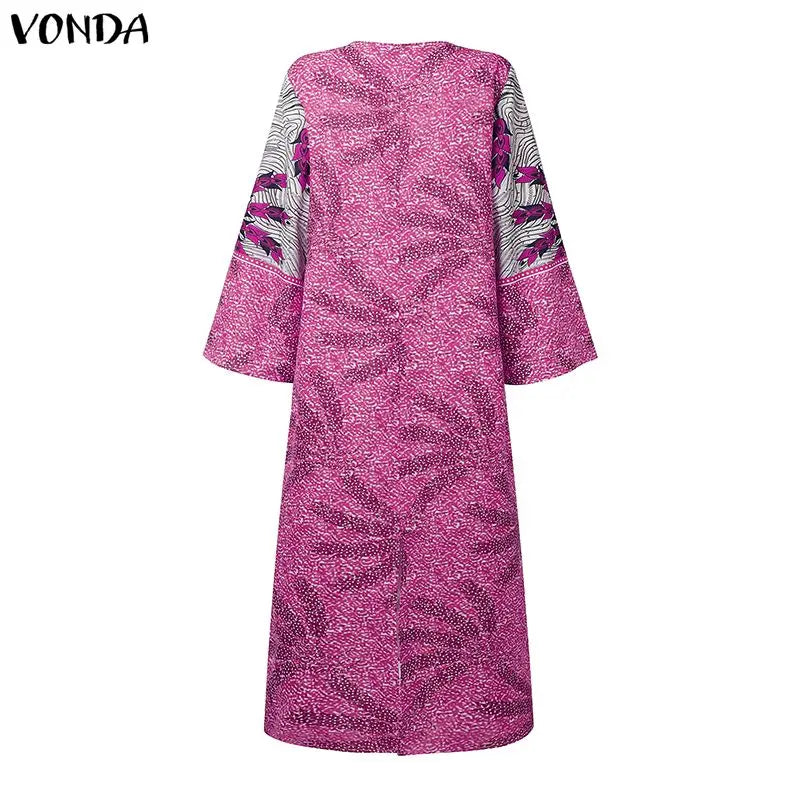 Samba Plus Size Bohemian Long V Neck Sleeve Printed Maxi Dress