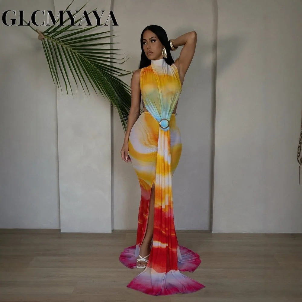O Neck High Split Stacked Print Bodycon Long Maxi Dress