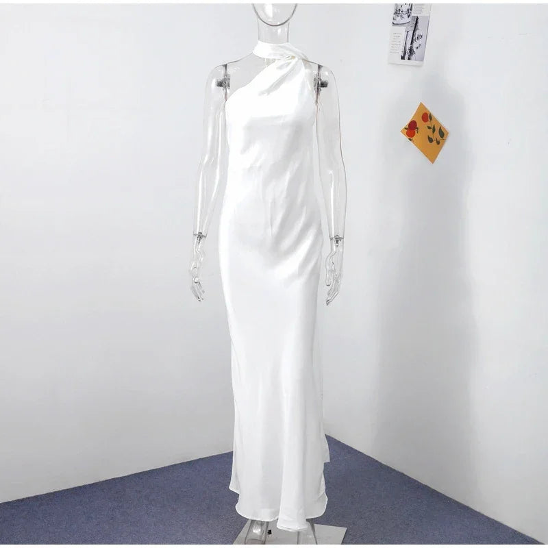Meadville Elegant Ribbon Halter Solid Off Shoulder Sleeveless Backless Slim Maxi Dress