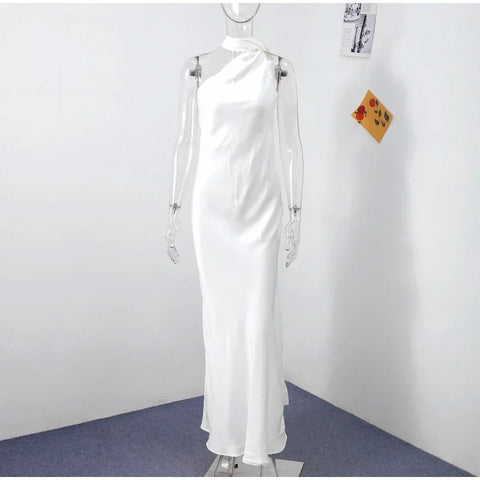 Meadville Elegant Ribbon Halter Solid Off Shoulder Sleeveless Backless Slim Maxi Dress