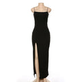 Sexy Bodycon Dress Lady Sexy Spaghetti Strap Sleeve Split Solid Color Sheath Dress