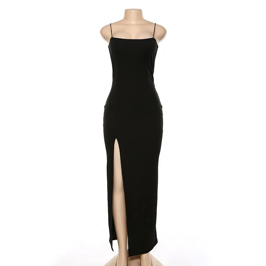 Sexy Bodycon Dress Lady Sexy Spaghetti Strap Sleeve Split Solid Color Sheath Dress