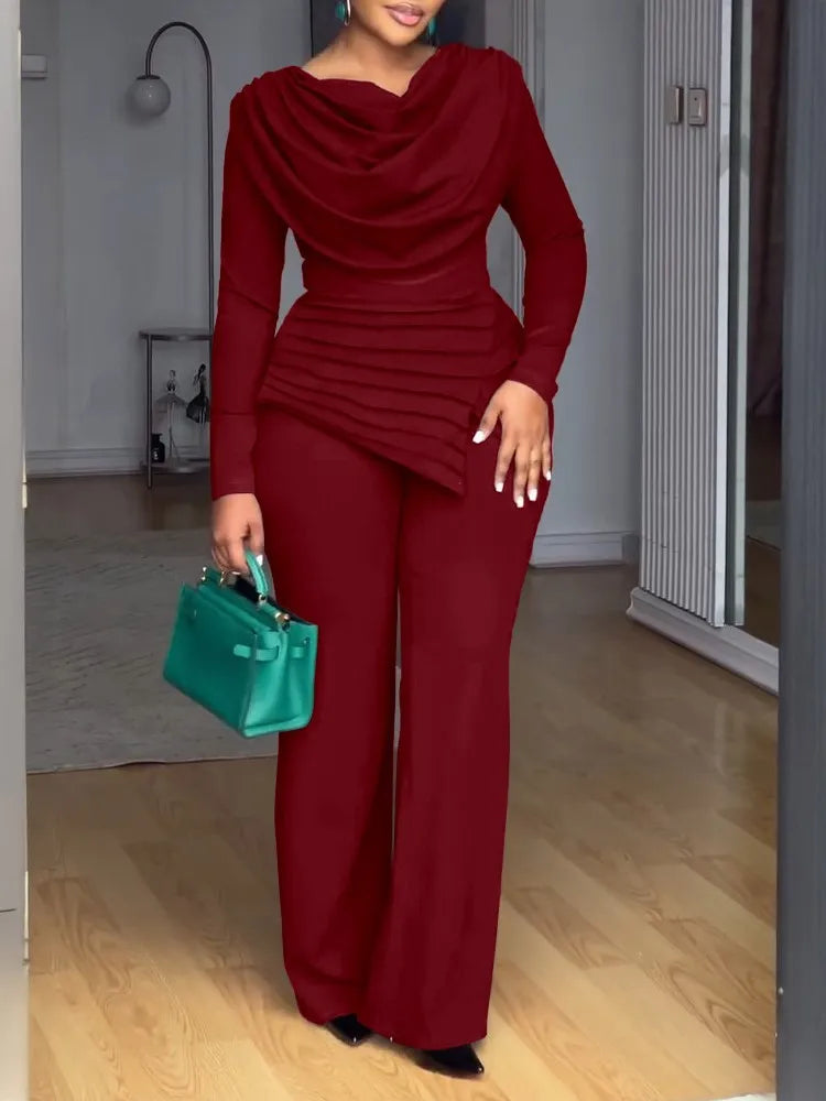 Birmingham Swing Collar Ruched Jumpsuit Long Sleeve Solid Elegant Color