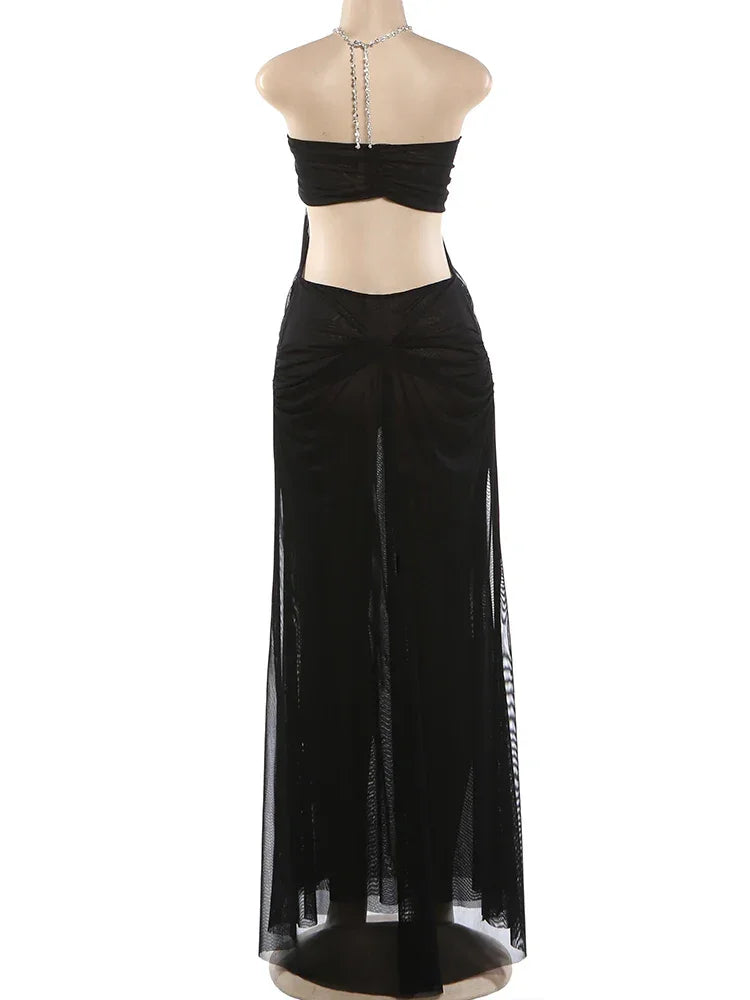 Pine Plains Sexy See Through Luxury Chain Halter Low Neck Backless Dress