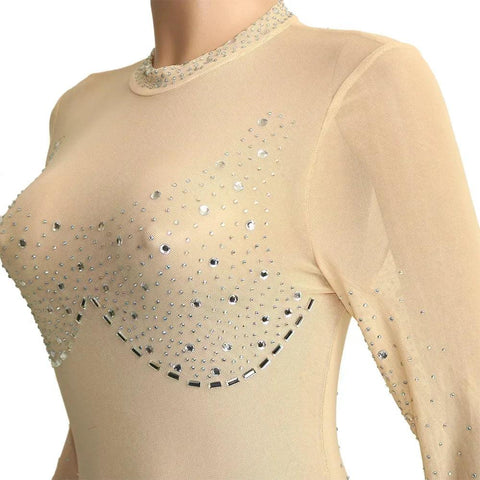 Union Square Fashion Sexy Mesh Perspective Hot Drill Long Sleeve Jumpsuit