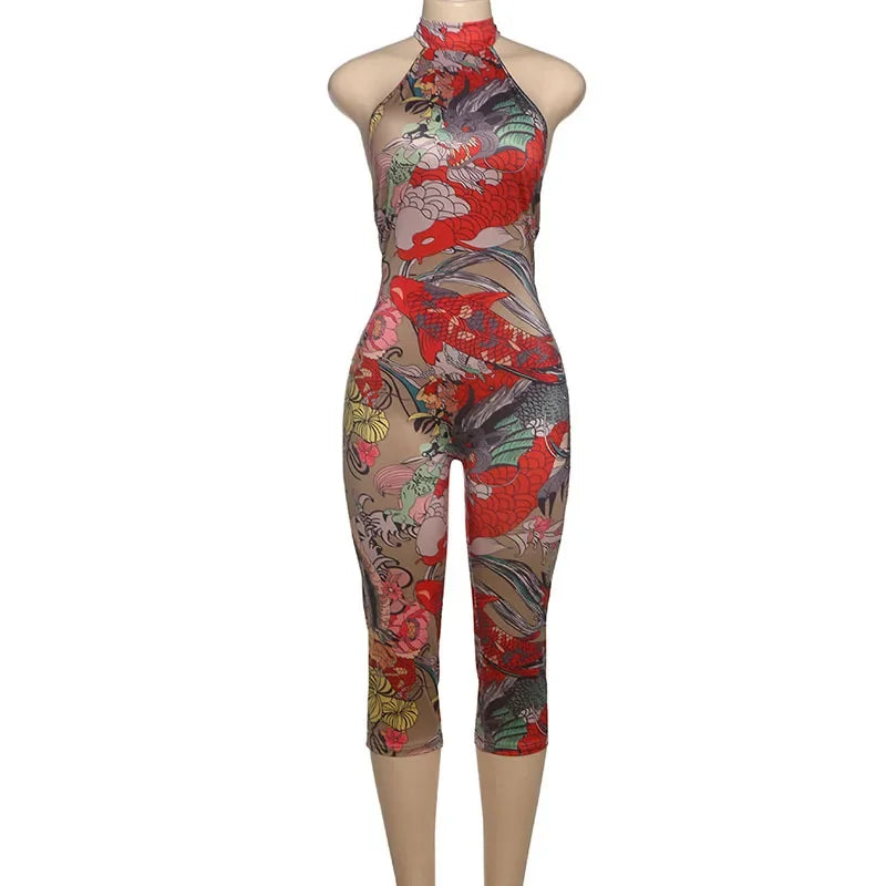 Sunset Park Dots Print Lace Up Halter Backless Skinny Knee Length Jumpsuits