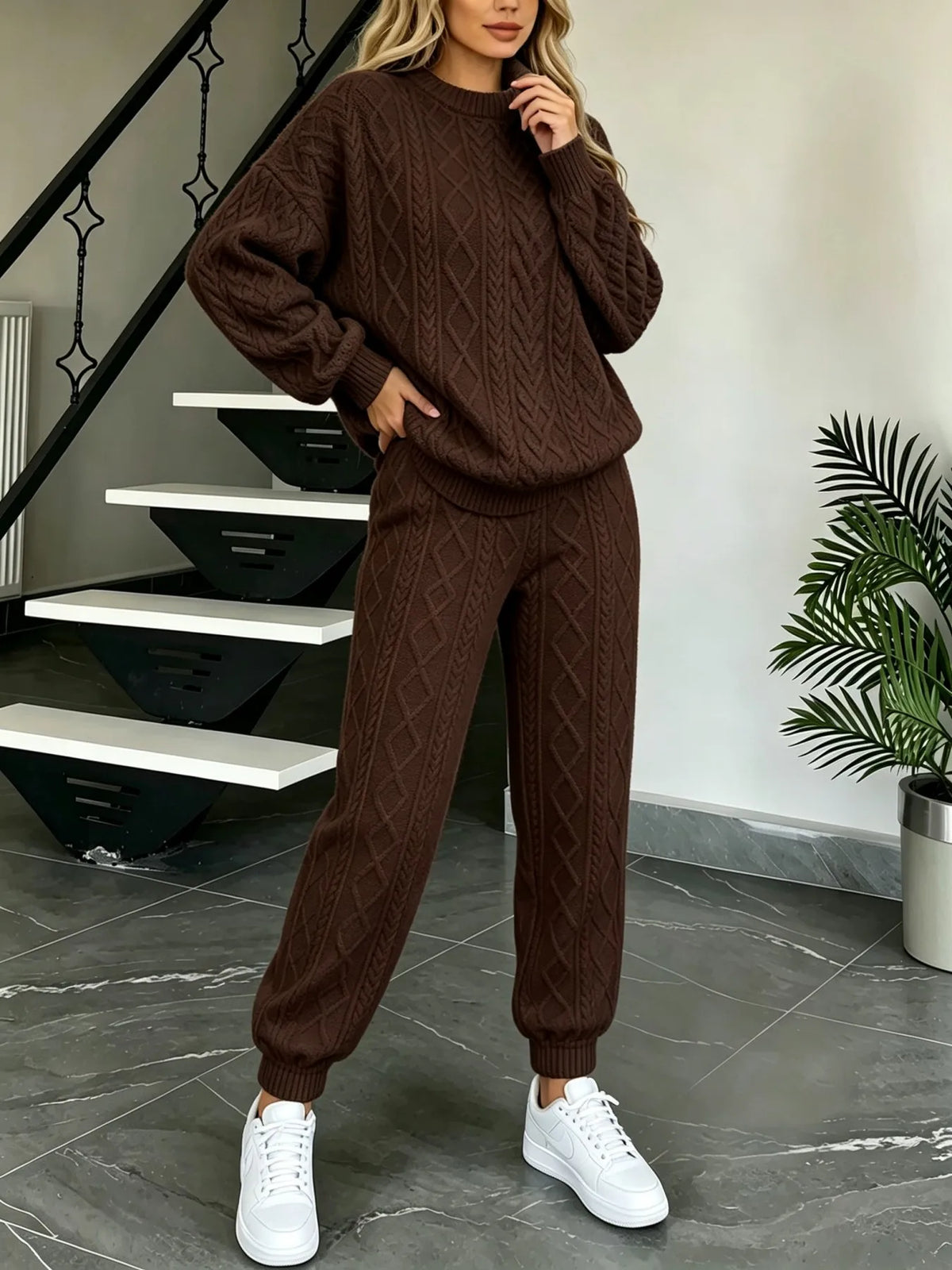 Wanda Cable Knit O‑Neck Long Sleeve Two Piece Sets
