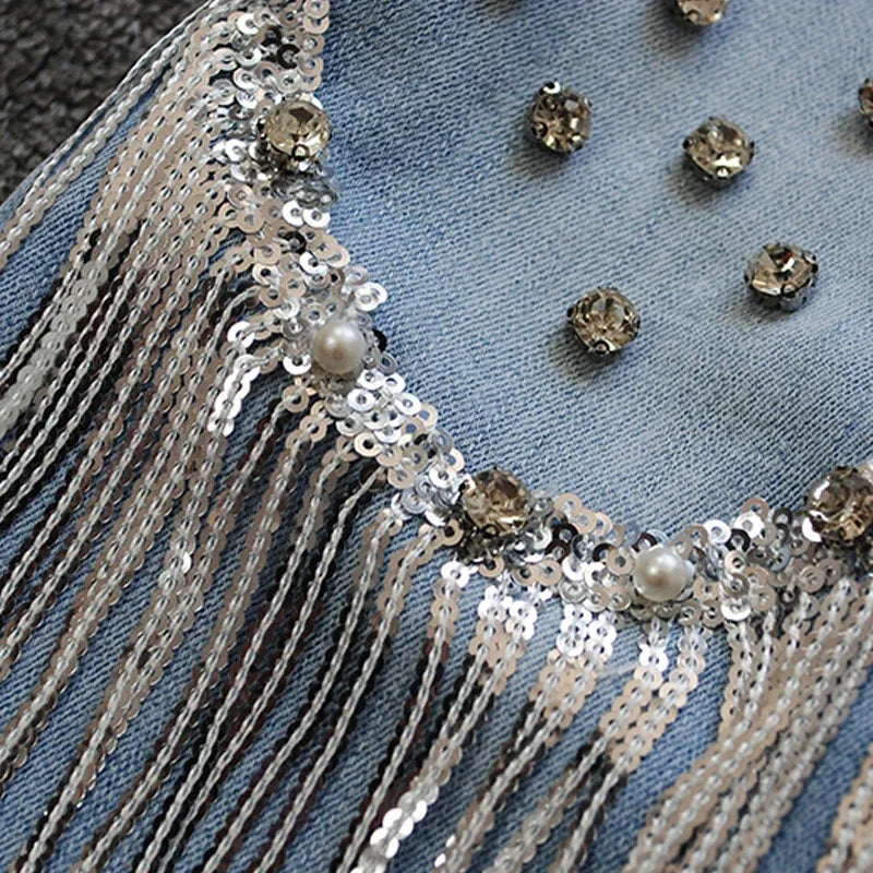 Linwood High Waist Nail Bead Studded Diamond Fringed Cropped Pants