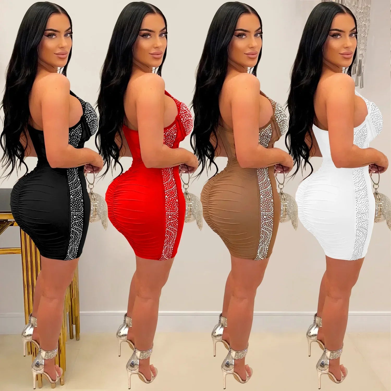 Homecrest Shoulder Mesh Rhinestone See Through Night Club Outfits Dress
