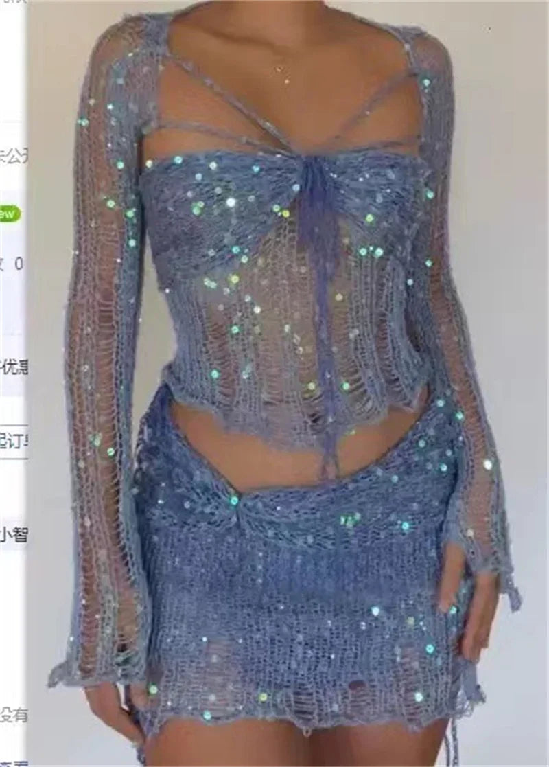 Ismel Glitter Sequins Knitted Two Piece Sets