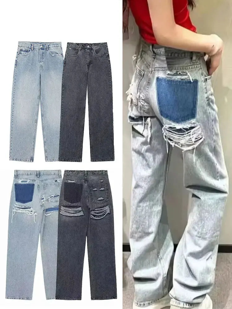 Jeans For Women 2024 Denim Solid Loose Zipper Fly Female Hole Trouser