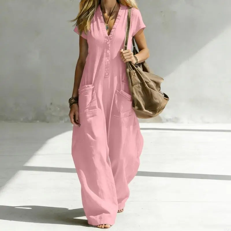 Jumpsuits for Women Linen Button Sleeve Jumpsuits Wide Leg V Neck Rompers Vacation Clothes with Pockets 6XDA