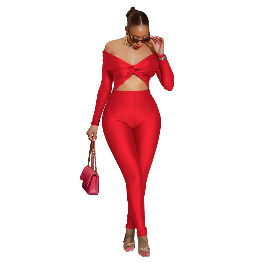 Oneida Hollow Out Sexy Party Clubwear Long Sleeve Slash Neck Crop Jumpsuits