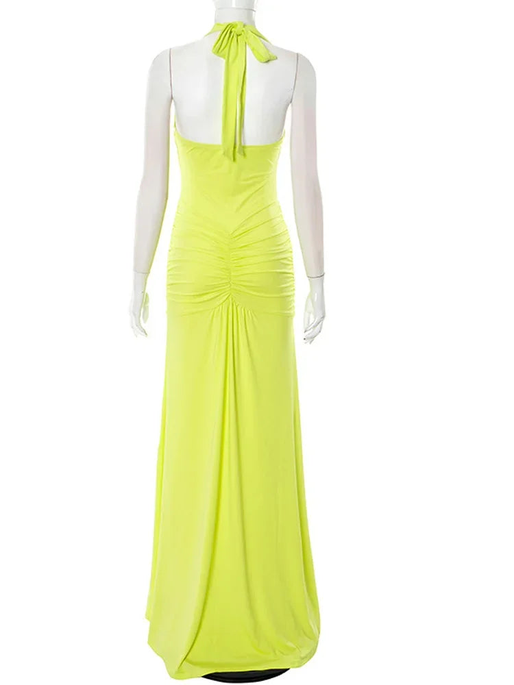 Coney Island Halter Plunging V Neck Ruched Long Straps Maxi Dress