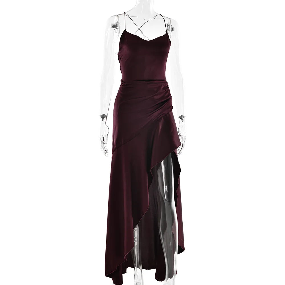 Stony Point Satin Long Dr with High Slit And Lace Trim Charming Dress