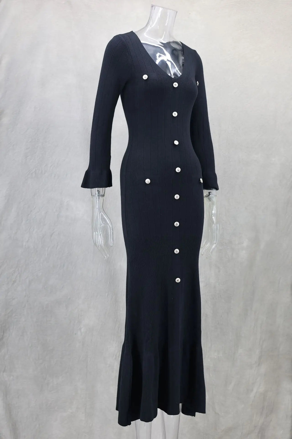 Tennessee Elegant Knitted Fashion V Neck Long Sleeves Slim Buttons Solid Color Long Dress