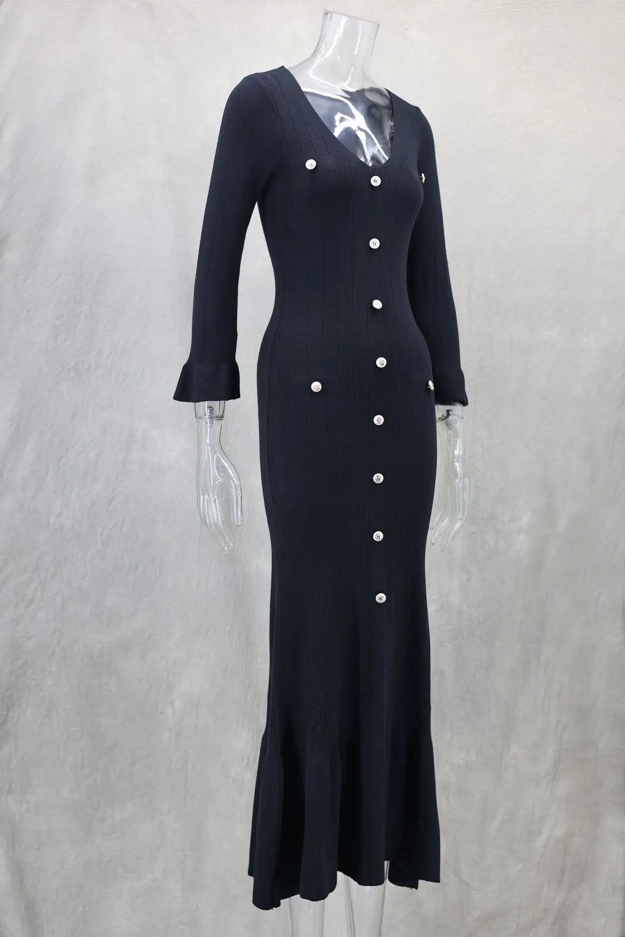 Tennessee Elegant Knitted Fashion V Neck Long Sleeves Slim Buttons Solid Color Long Dress