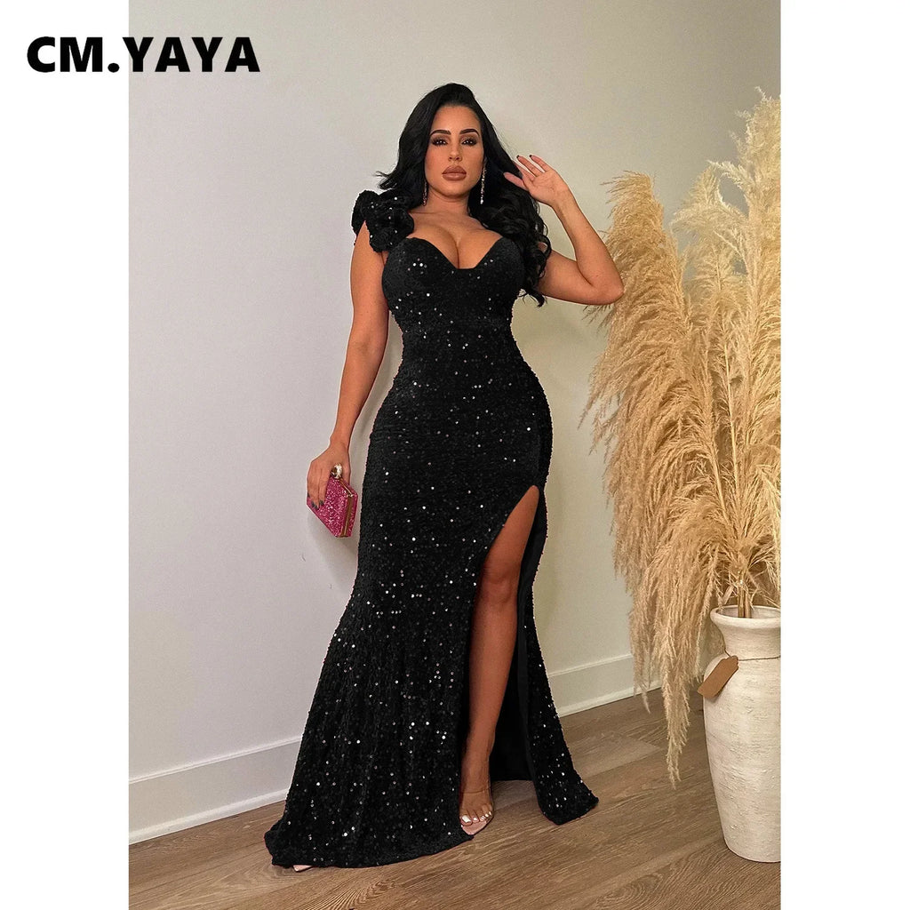 Trenton One Shoulder Open Back Sequined High Side Split Mermaid Maxi Dress
