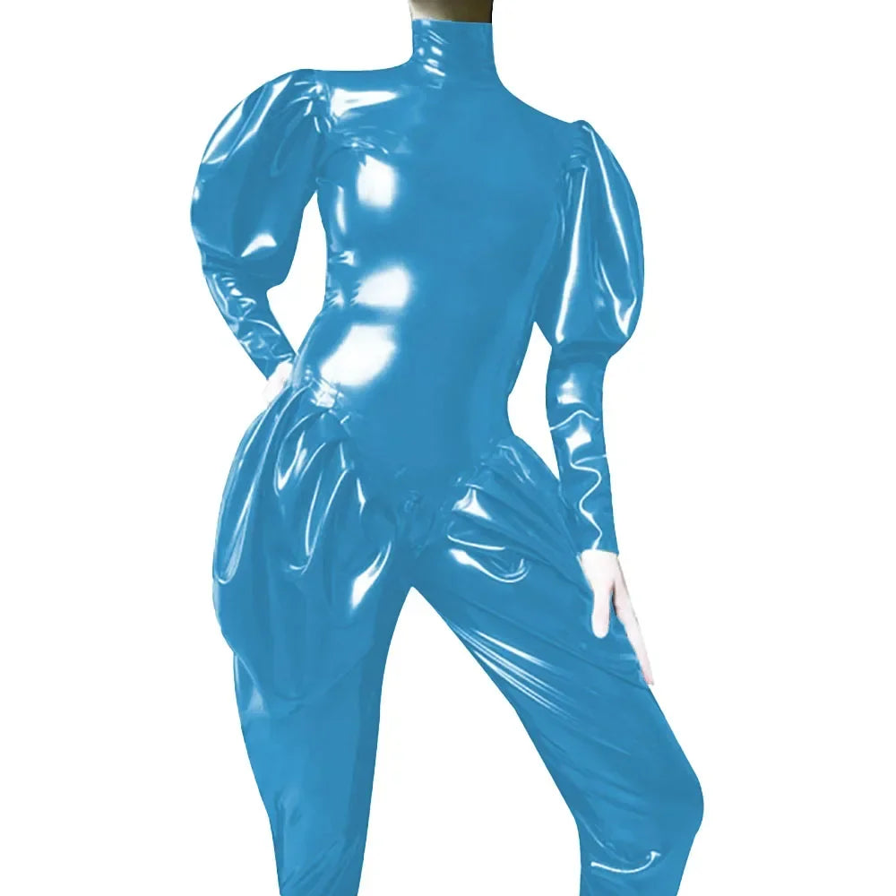 Sleeves Jumpsuit Sexy Zipper Open Crotch Catsuit Party High Neck Wetlook Rompers Female