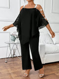 Plus Size Jumpsuit Women Cold Shoulder Chiffon Flare Sleeve Wide Leg Jumpsuit