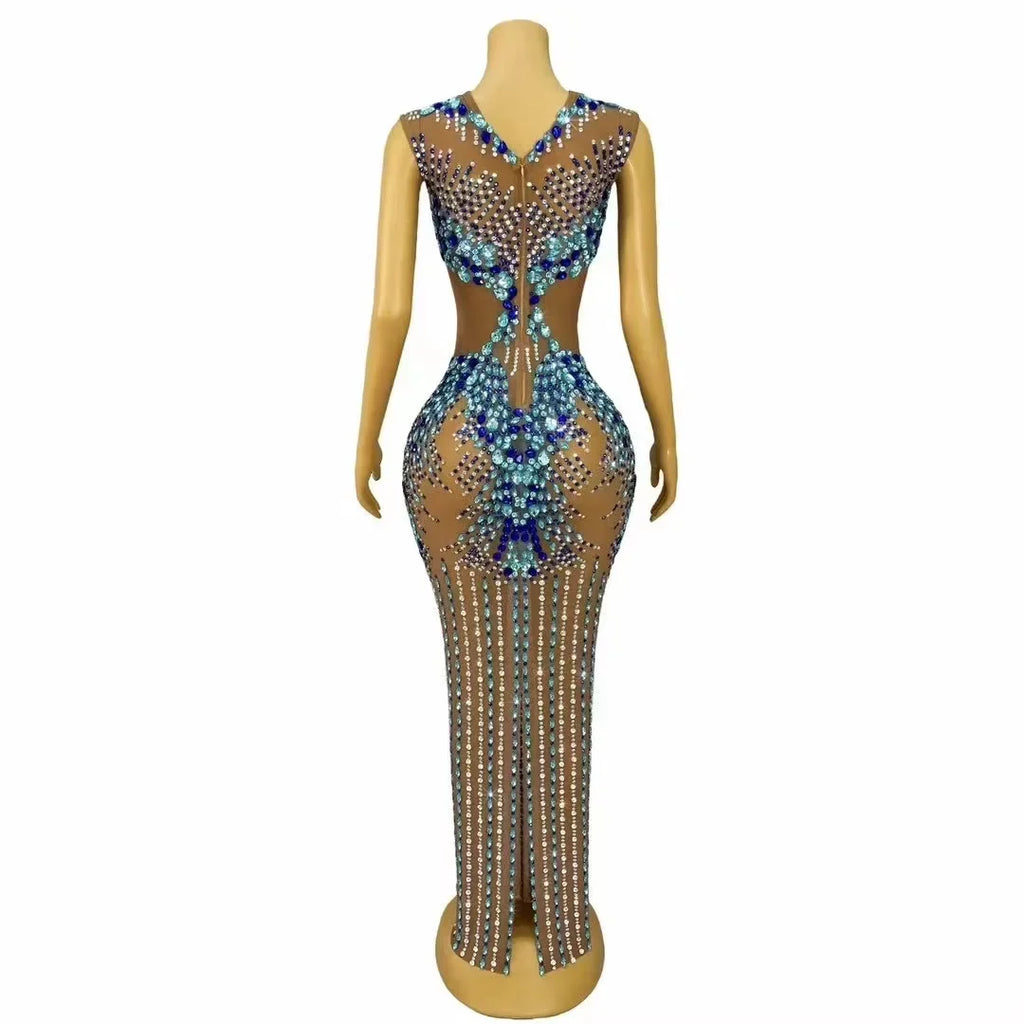 Ligonier Sparkly Rhinestones Nude Mesh Maxi Long Elegant Dress