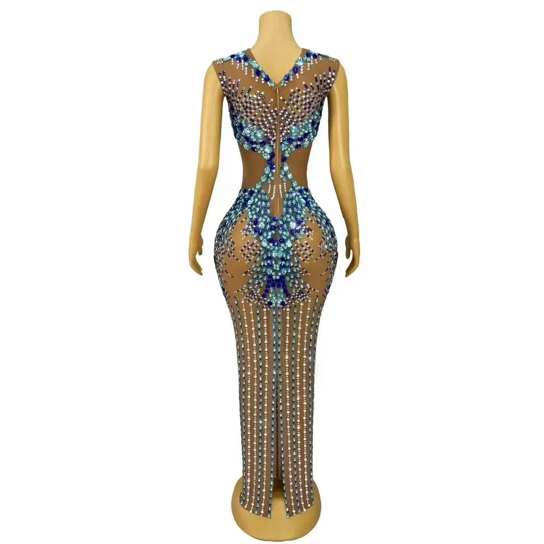 Ligonier Sparkly Rhinestones Nude Mesh Maxi Long Elegant Dress