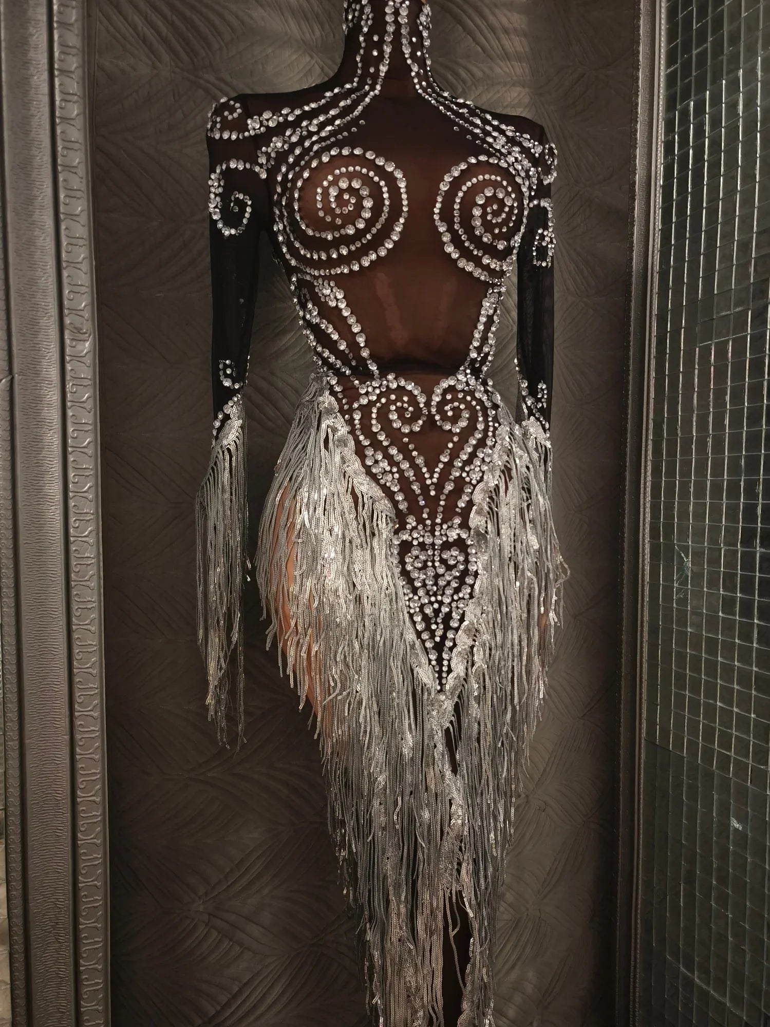 Carbondale Sparkly Rhinestone Tassel See Through Mesh Mini Dress