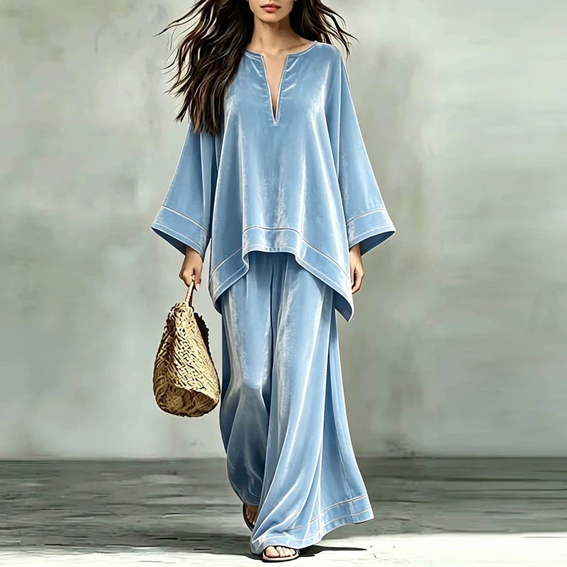Flor Velvet V-neck Long Sleeved Two Piece Sets