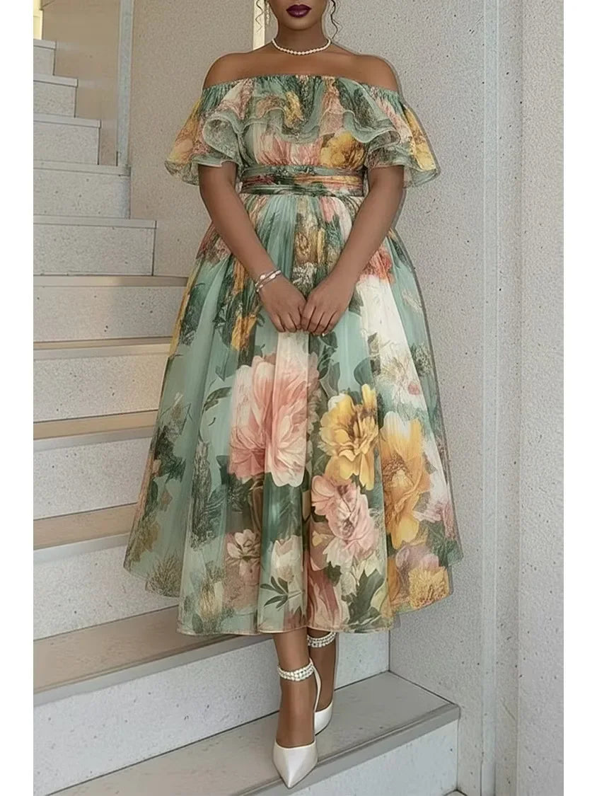 Texas Plus Size Green Floral Off Shoulder Ruffle Chiffon Midi Dress