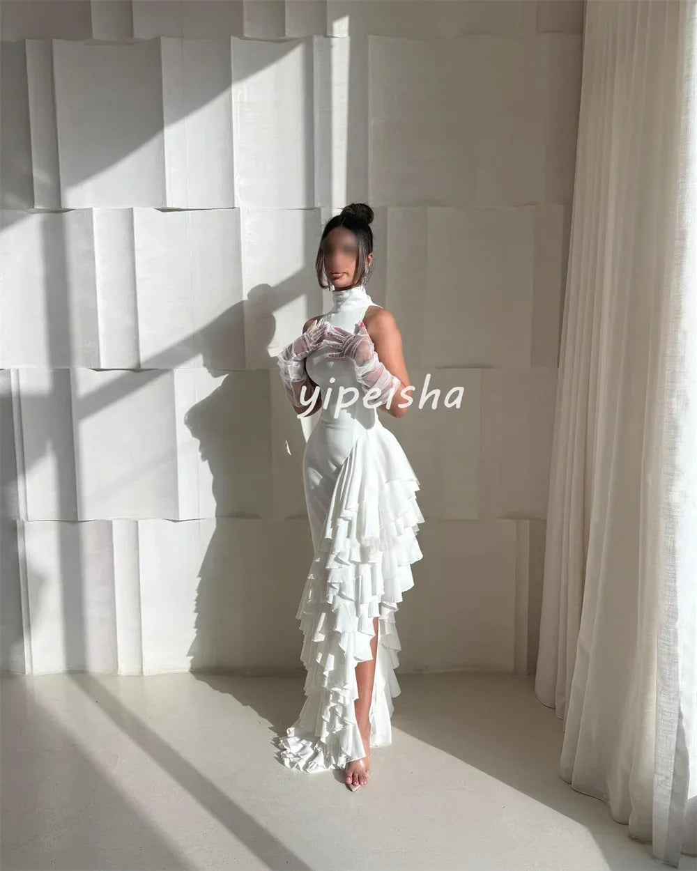 Wallington Modern Style Chiffon Ruched Ruffle Tiered Mermaid Scoop Neck Long Dresses